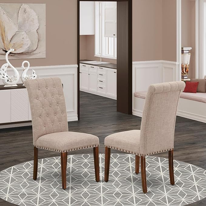 East West Furniture BRP3T04 Bremond Parson Dining Room Chairs - Button Tufted Nailhead Trim Light Tan Linen Fabric Padded Chairs, Set of 2, Mahogany