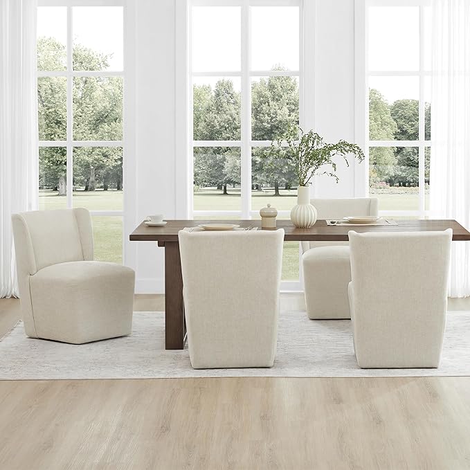 Upholstered Dining Chair with Casters Wingback Modern Side Armless Deskchair with Rollers for Diningroom Bedroom Livingroom Reading Room,Cream Beige,1 Box