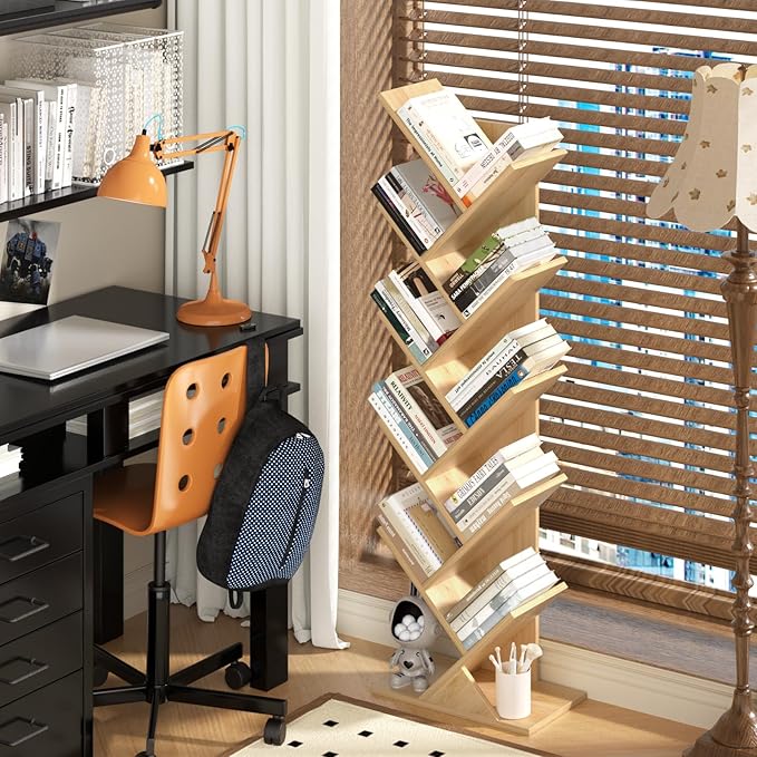 10 Tier Tree Book Shelf, Floor Standing Wood Bookshelf for Narrow Space, Storage Organizer Bookshelves for Books/CDs/Magazine, Bookcase with Shelves for Home Office, Living Room - Natural