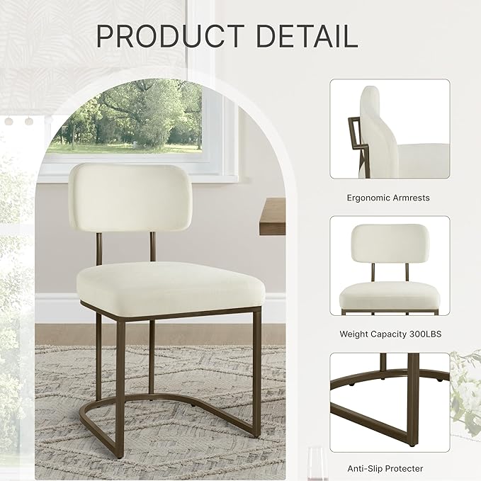 Dining Chairs Set of 2, Upholstered Modern Kitchen Chairs with Ergonomic Backrest, Fabric Cushion Seat & Metal Legs for Living Room, Restaurant, and Café, Ivory