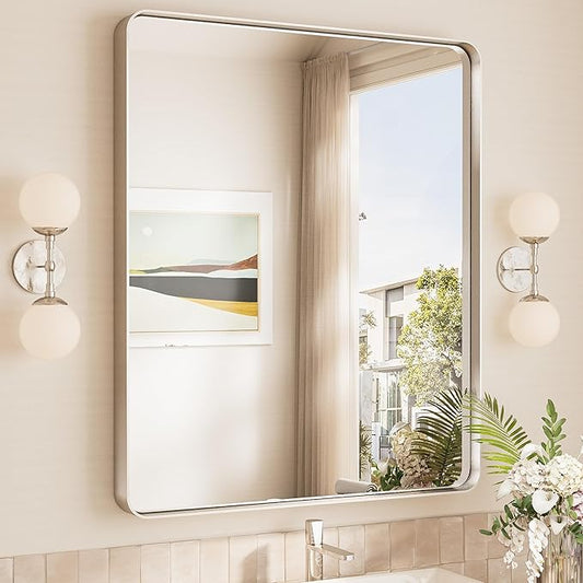 TokeShimi 30x36 Brushed Nickel Bathroom Wall Mirror Vanity Metal Frame Round Corner Rectangular for Home Decor Living Room Entryway (Horizontal/Vertical)