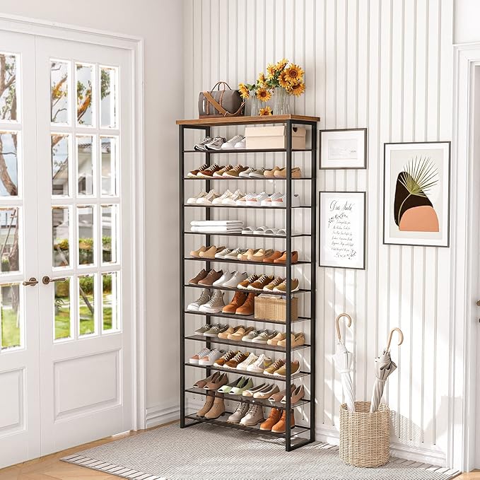 HOOBRO 12-Tier Shoe Rack, 29.5" L Shoe Storage Organizer, Large Capacity Shoe Shelf for Front Door Entrance, Entryway, Closet, Holds 36-48 Pairs of Shoes, Closet, Rustic Brown and Black BF127XJ01