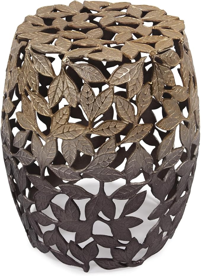 Howard Elliott Olive Leaf Round Side Table & Stool, Unique Bronze Finish Cast Aluminum Bedside Table, Modern Accent Decoration Side End Table for Living Room, Balcony & Bedroom, 17 x 16.25 Inch