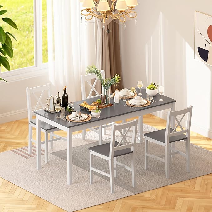 soges 5 Pieces Dining Table Set, Pine Wood Kitchen Table with 4 Chairs, 47.2 inch Table Set for 4, Rectangular Dining Table Furniture Set for Kitchen, Dining Room, Dinette, White Grey