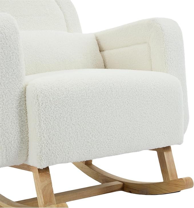 Christopher Knight Home Kiin Wooden Rocking Chair Indoor with Curved Back, Teddy Upholstered Rockers with Pillow, Comfy Accent Chair with Armrest for Bedroom, Living Room, Offices, Cream White