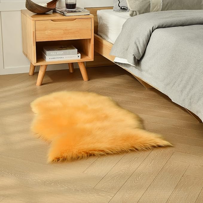 duduta Yellow Faux Sheepskin Throw Rug 2x3 ft, Fluffy Shag Fur Chair Cover Small Bedside Dorm Rug Non Slip Machine Washable