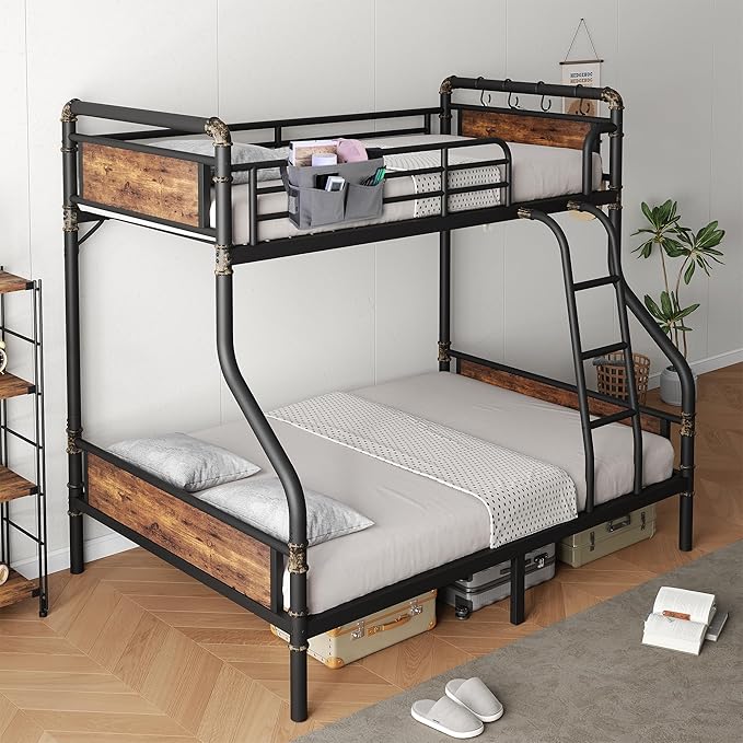 Metal Bunk Bed Twin Over Full, Industrial Bunkbeds Heavy Duty Bed with Safety Guard Rails and Space-Saving Design, Steel Bed for School, Bedroom (Vintage Brown)