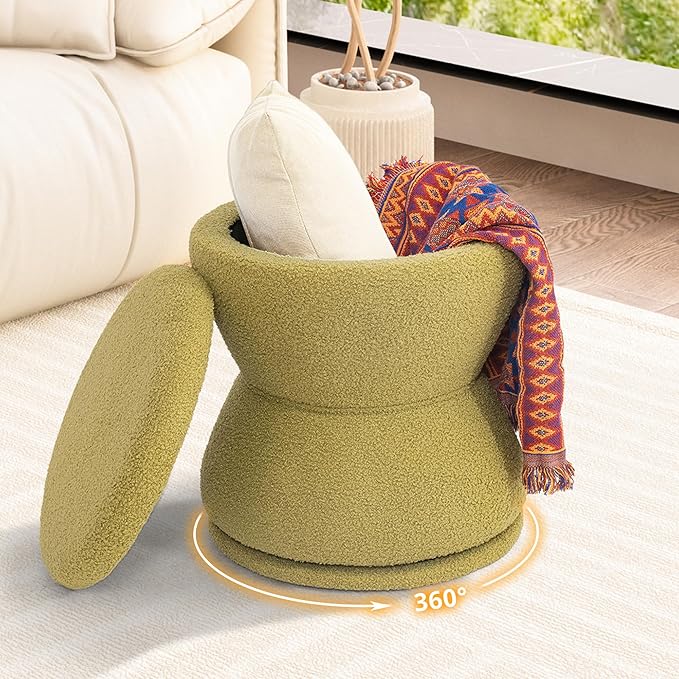 Ottoman with Storage, 360° Swivel Boucle Ottoman Vanity Stool, Upholstered Footstool with Storage Removable Lid, Modern Round Boucle Footrest Coffee Table for Living Room, Bedroom, Green