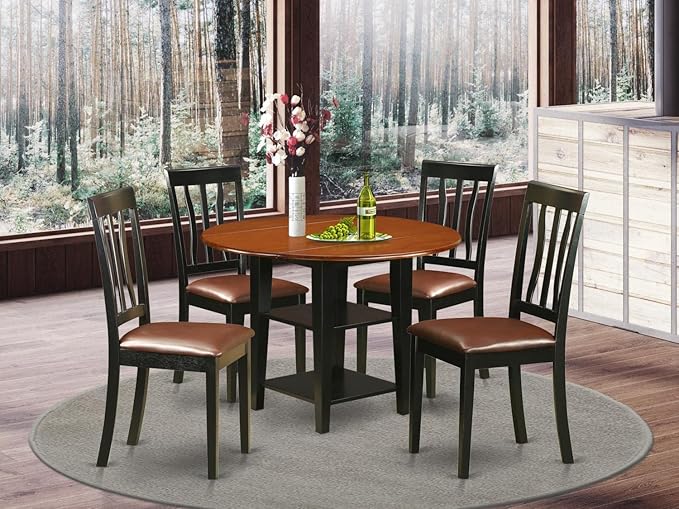 East West Furniture SUAN5-BCH-LC 5 Piece Kitchen Table Set Includes a Round Dining Room Table with Dropleaf & Shelves and 4 Faux Leather Upholstered Chairs, 42x42 Inch, Black & Cherry