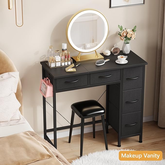 Small Computer Desk with 5 Fabric Drawers, 33 Inch Writing Desk for Home Office, Simple PC Desks for Small Place, Kids Girls Teen Study Table Vanity for Bedroom Dorm, Black