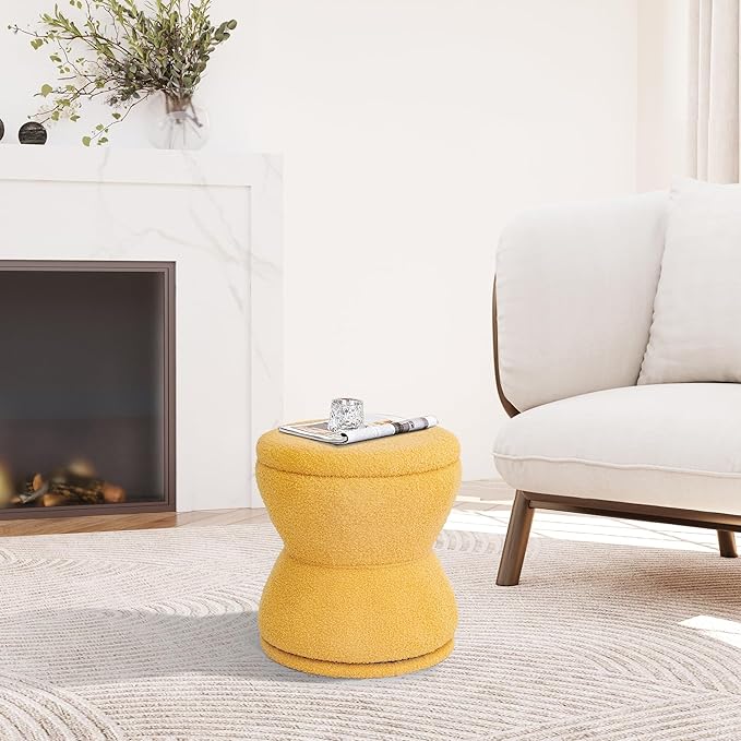 Ottoman with Storage, 360° Swivel Boucle Ottoman Vanity Stool, Upholstered Footstool with Storage Removable Lid, Modern Round Boucle Footrest Coffee Table for Living Room, Dorm, Makeup Room, Yellow