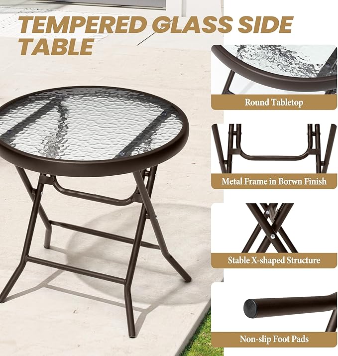 Foldable Patio Side Table Set of 2 with Tempered Glass Top 18" Folding Outdoor Side Tables Set of 2 Small Glass Patio End Tables for Porch Yard Balcony Deck Lawn Dining Garden (Brown)