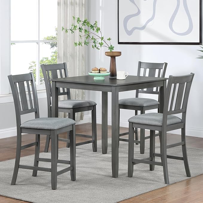 KEIKI 5-Piece Counter Height Dining Table Set with Square Table and 4 Upholstered Slatted Backrset Chair, for 4 Person, Modern Style Wooden Table Set, Easy Assembly, for Kitchen, Dining Room, Gray