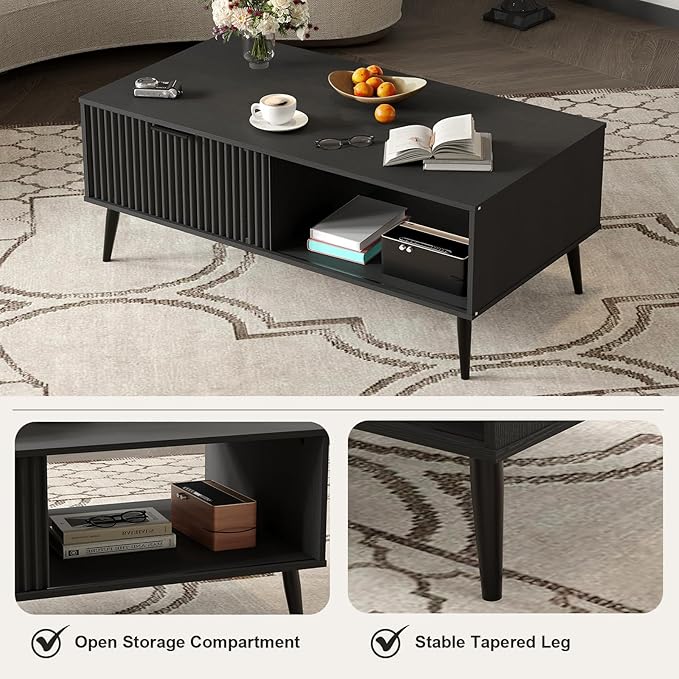 41.34''D Coffee Table, 2-Tiers Farmhouse Coffee Tables With Storage and Sliding Wave Pattern Door, Modren Tea Table, Wooden Dining Center Tables for Living Room, Office, Bedroom, Outdoors, Black