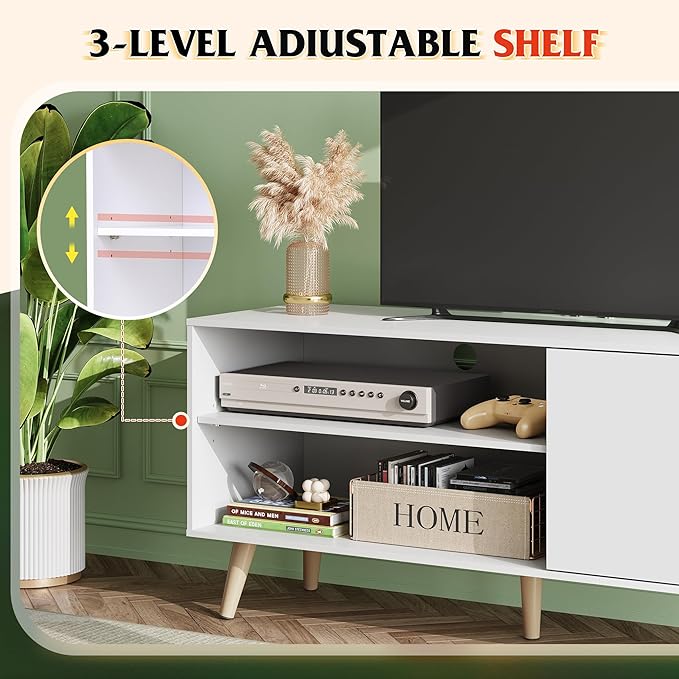 WLIVE TV Stand for 55 Inch TVs, Entertainment Center with Storage Cabinet, Mid-Century TV Stands for Living Room and Bedroom, 50" TV Console, White