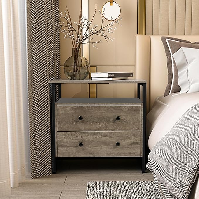 27 inch Wide Nightstand with Charging Station, Bedside Table with Open Shelf, 2 Drawers Small Wood Dresser, End Side Table for Bedroom (Rustic Gray)