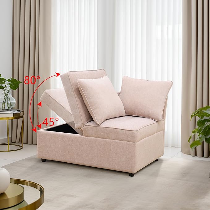 Convertible Ottoman Sofa with Storage, Modern Sackcloth Futon Couch with 2 Pillows Adjustable Backrest, Recliner Folding Loveseat for Living Room, Apartment Dorm, Office,Pink