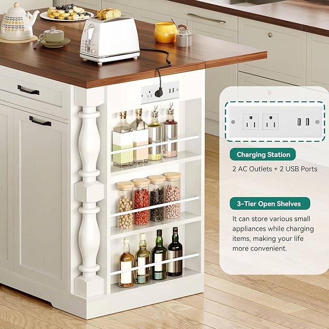 YITAHOME Americana Kitchen Island with Drop Leaf & Power Outlet, 47.6 inch Mobile Butcher Block Island Cart, Pull-Out Trash Can Storage, 3-Tier Spice Rack, White and Walnut