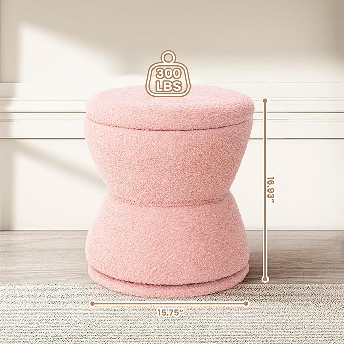 Round Ottoman with Storage, 360° Swivel Boucle Ottoman Vanity Stool, Upholstered Footstool with Storage Removable Lid, Modern Footrest Coffee Table for Living Room, Dorm, Makeup Room, Pink