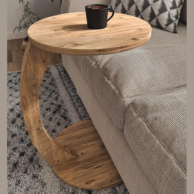 C Shaped End Table for Couch Small Places, Space Saver Round Side Table for Sofa and Bedside with Wheels, Coffee and Eating Snack Time Tray for Living Room, Office (Natural)