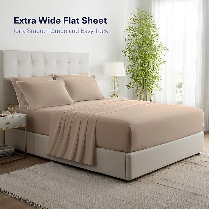 Kickoff Viscose Bamboo Sheets California King Size 4-pc 100% Organic Bamboo Viscose Bed Cooling Sheets Cal King Set Cool Bedding for hot Sleepers Sheet, Flat, Fitted, Pillowcases (Iced Latte, CK)