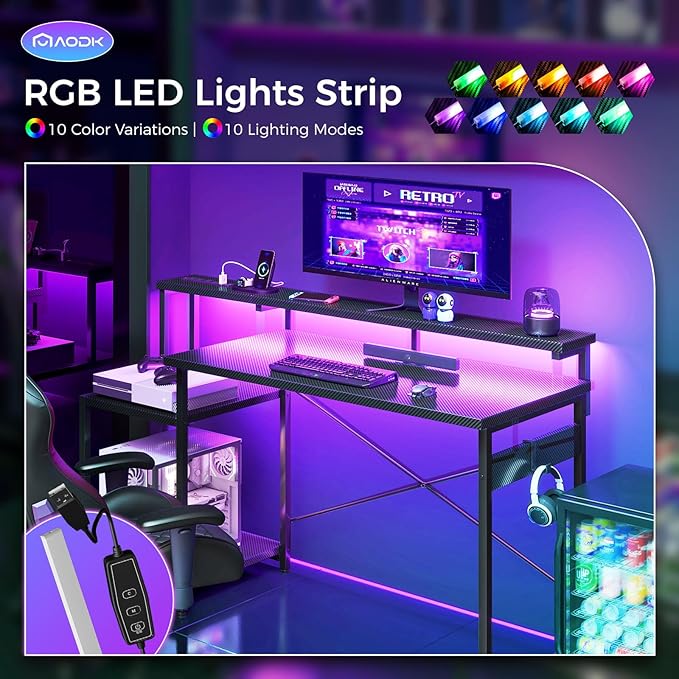 AODK Computer Desk, 56 Inch Gaming Desk with Led Lights & Power Outlet, Office Desk with Storage Shelves, Reversible Desk with Monitor Shelf & Headphone Hook, Carbon Fiber Black