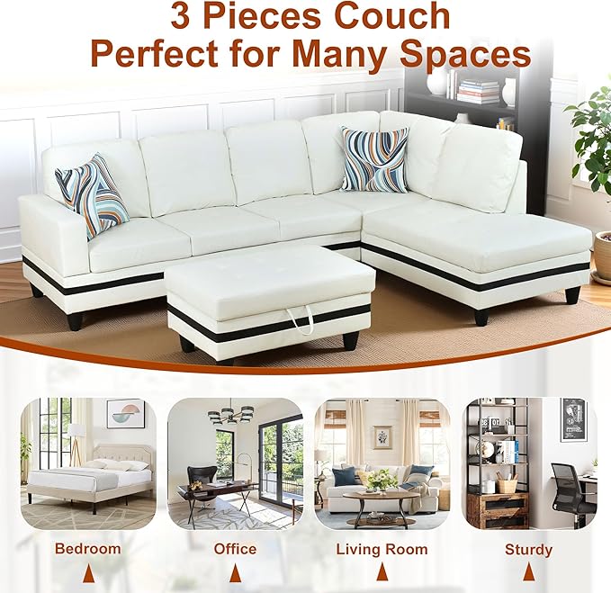 Osparple L Shaped Couch PU Leather Sectional Couch Upholstered 3 Pieces Sofas for Living Room with Chaise, Ottoman with Storage for Office and Small Apartment, Black and White