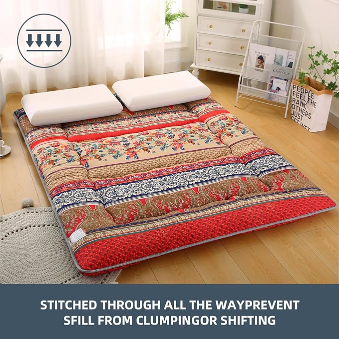 Bohemian Retro Japanese Floor Mattress, Vintage Floral Tatami Floor Mat, Portable Roll up Futon Mattress for Guest,Tavel (A,Queen80 X 60")