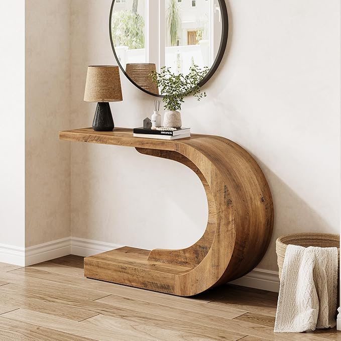 LITTLE TREE 43.3 Inches Farmhouse Console Table, 2-Tier C-Shaped Sofa Table Behind The Couch, Wooden Entryway Table Narrow Hallway Foyer Table for Living Room, Entrance, Brown