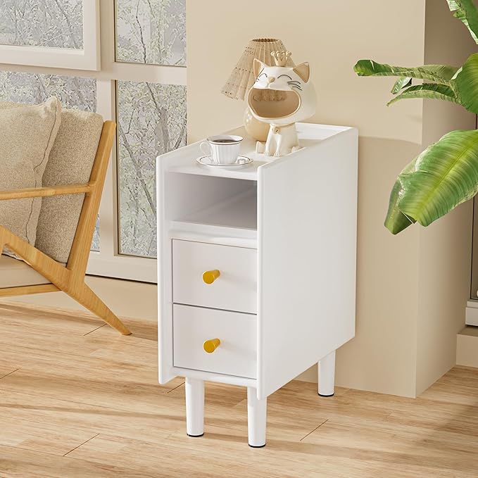 Huolewa Narrow Nightstand with 2 Drawers - Solid Wood Narrow Side Table with Open Shelf for Small Spaces, Couch, Bedroom, Living, Office - Small Bedside Table, End Tables (White, 7.87 inch)
