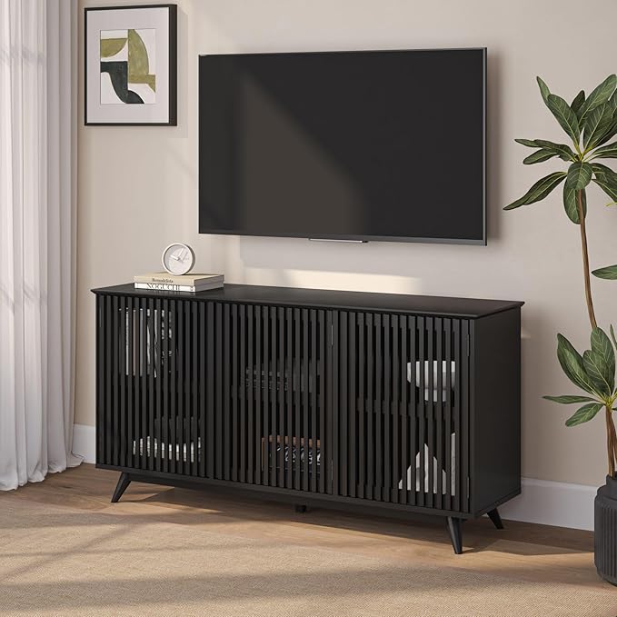 Plank+Beam Mid-Century Modern Wood TV Stand, Three Door Solid Wood Entertainment Console with Storage, 59" L x 16" W x 30" H, Black