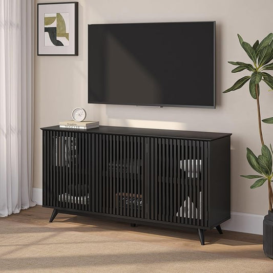 Plank+Beam Mid-Century Modern Wood TV Stand, Three Door Solid Wood Entertainment Console with Storage, 59" L x 16" W x 30" H, Black