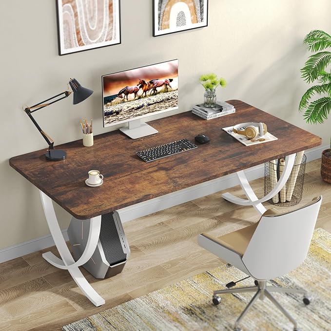 Tribesigns Executive Desk, 63” W x 31.5” D Large Office Desk, Modern Computer Desk Conference Table Meeting Room Table, Business Furniture for Home Office, White and Walnut