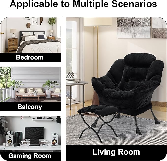 Fabric Lazy Chair with Ottoman, Oversized Upholstered Sofa Chair for Adults, Plush Comfy Lounge Chair with Large Side Storage Pocket, Reading Chair for Living Room, Bedroom, Study Room, Black