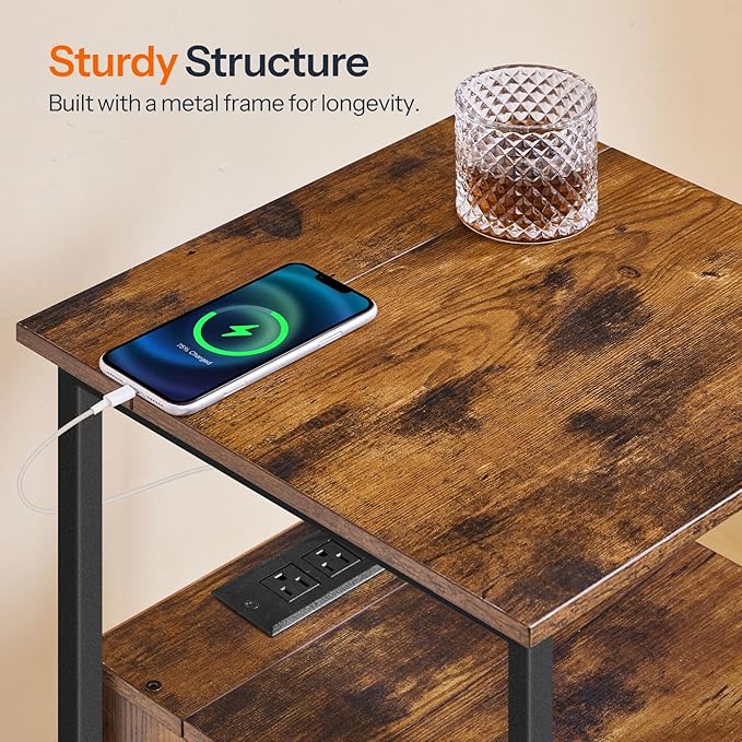 HOOBRO End Table with Charging Station, Bedside Table with 2 Drawer & USB Port & Type-C Port, Nightstand for Small Spaces, Stable and Sturdy, for Living Room, Rustic Brown BF43UBZ01