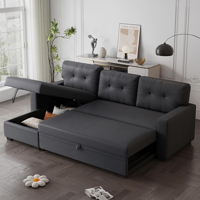 Ball & Cast Convertible Sectional Sleeper Sofa Bed L Shaped 4 in 1 Pull Out Couch with Reversible Storage Chaise & Removable Back Cushions,Sleeper Corner Pull Out Sofa Bed Couch for Living Room,Office