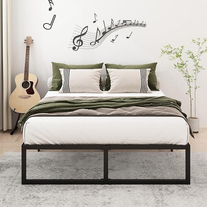 16 Inch Full Size Bed Frame No Box Spring Needed, Heavy Duty Metal Platform Beds with Sturdy Steal Slats for Mattress Foundation, Easy Assembly, Noise Free, Black