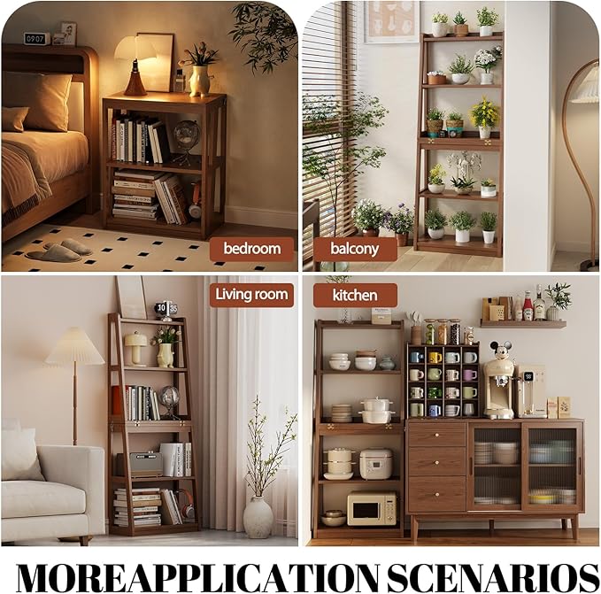 Soild Wood Ladder Book Case Organizer, 4-Tier, Modern Display Bookshelf Wood Frame,Children's Room Free Standing Organizer Storage Cabinet,for Bedroom and Office, Balcony, Walnut