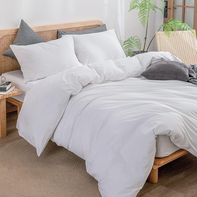 BESTOUCH Duvet Cover Set 100% Washed Cotton Linen Feel Super Soft Comfortable Chic Lightweight 2 PCs Home Bedding Set Solid Bright White Twin/Twin XL