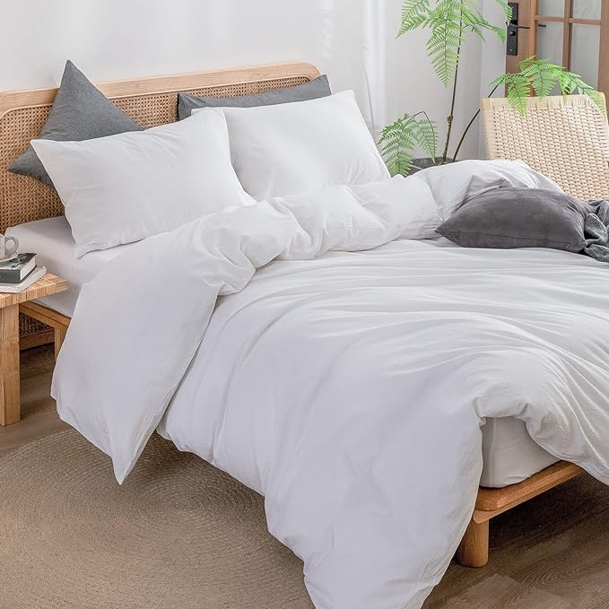 BESTOUCH Duvet Cover Set 100% Washed Cotton Linen Feel Super Soft Comfortable Chic Lightweight 3 PCs Home Bedding Set Solid Bright White Queen