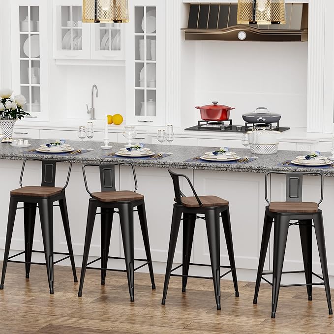 24 Inch Swivel Bar Stools Set of 4 with Backs Counter Height Industrial Metal Barstools Island Bar Chairs for Home Kitchen Dining Room (Swivel 24 inch,Matte Black Wooden)