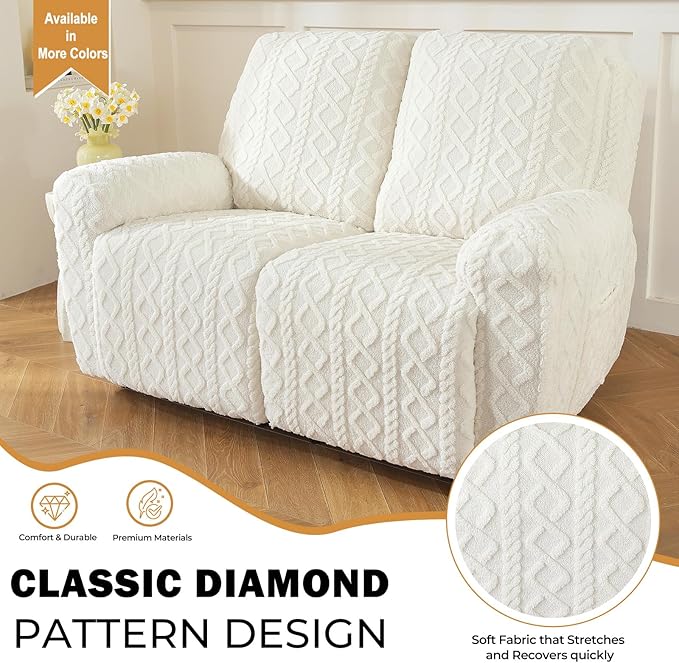 vctops 6 Pieces Geometric Jacquard Plush Recliner Loveseat Slipcovers Soft Fuzzy Fluffy Sofa Couch Cover Anti-Slip Furniture Protector with Elastic Bottom for Kids Cats Dogs(Cream,2 Seat)