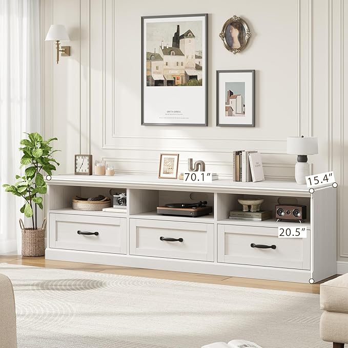 GarveeHome TV Stand for 65/70/75 Inch TV, Entertainment Center with Storage Drawer, Mid-Century Modern TV Console with Open Shelves, 70in Media TV Cabinet for Living Room, Bedroom, Antique White