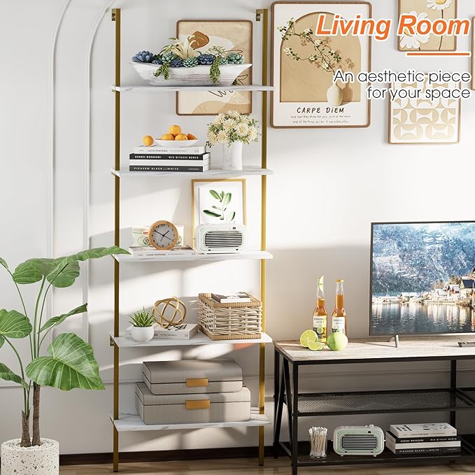 5 Tiers Ladder Shelf White Marble Modern Bookshelf Open Tall Wall Mount Bookcase Standing Leaning Wall Shelves Industrial Decorative