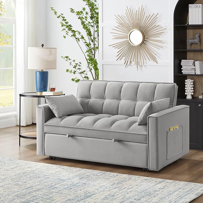 KEIKI Velvet Loveseat Convertible Sofa Bed Sleeper Chair with Adjustable Backrest, Pillows & Storage Pockets, 3 in 1 Pull-Out Couch Chaise Lounge Recliner for Living Room Balcony Bedroom, Grey