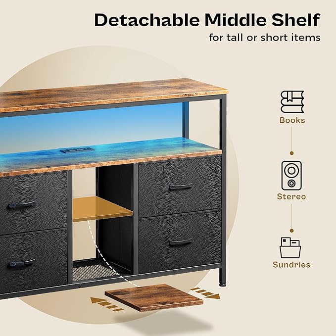 Huuger TV Stand Dresser with Power Outlets and LED Lights, 4 Drawers Entertainment Center with Open Shelf, Media Console for 50 43 Inch TV, Dresser with PU Finish, Rustic Brown and Black