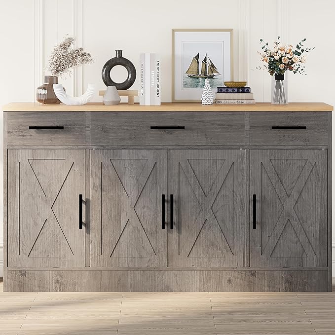 Shintenchi Buffet Cabinet with Storage,53.4" Large Kitchen Storage Cabinet with 3 Drawers and 4 Doors,Wood Farmhouse Buffet Sideboard with Adjustable Shelf for Kitchen Living Room,Ash Grey