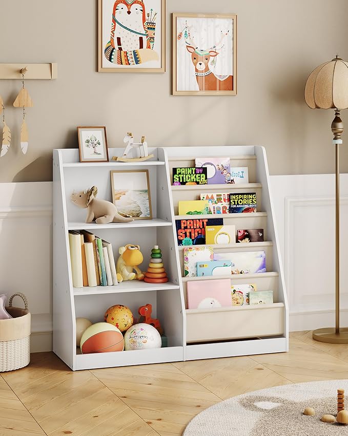 35.4" Kids Bookshelf and Toy Storage, 6 Layer Fabric Toddler Bookshelf, Kids Toy Storage Organizer, Sling Kids Bookcase, for Playroom, Bedroom, Nursery, Classroom, White MCW05WT