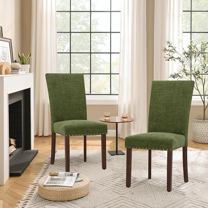 Parsons Dining Chairs Set of 4, Upholstered Nailhead Dining Room Kitchen Side Chair with Thick Cushions and Wood Legs, Green