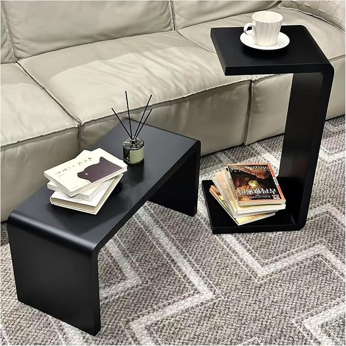 27.2" Black C Shaped Wood Tabl Set of 2, Space-Saving Slide Under Sofa Table, for Living Room Bedroom Conference Rooms Showroom Laptop Work Desk (H 27.2″ - Black, 2)